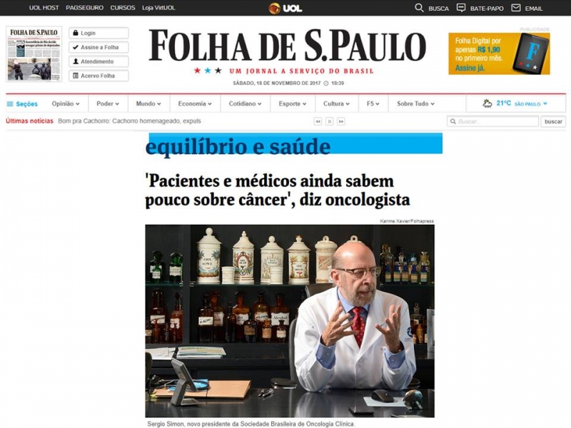 Entrevista do Dr. Sergio Simon à Folha: pacientes e médicos sabem pouco sobre câncer